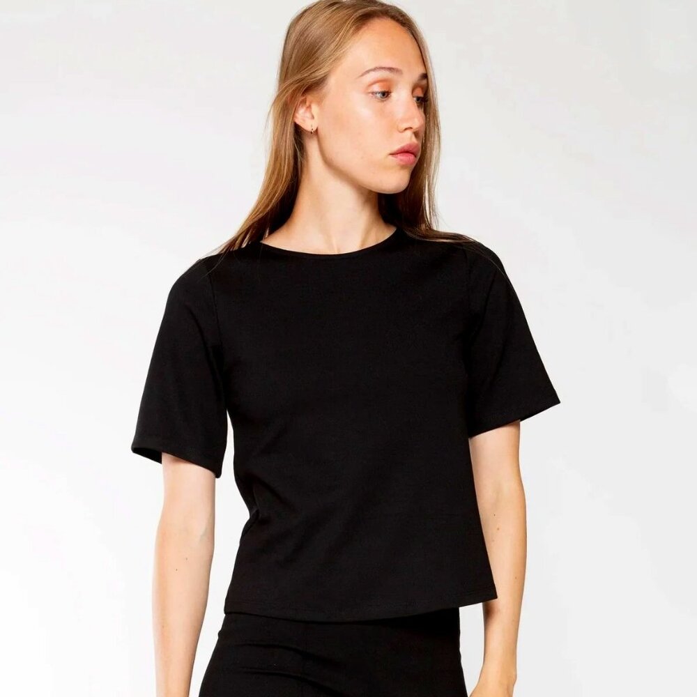 RIPLEY RADER BLACK PONTE KNIT SHORT SLEEVE TOP EXTENDED - WORN 1X-SIZE 4